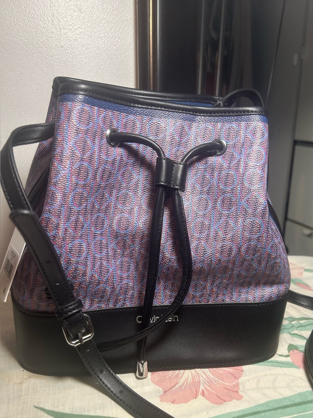 Calvin Klein Purple Patterned Drawstring Crossbody with Black Trim